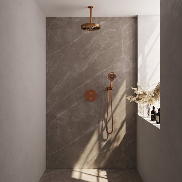 BRAUER Stripe thermostatische inbouw regendouche 3-weg rond SET 42 met 25 cm douchekop en plafondarm en 3-standen handdouche en doucheslang en wandaansluitbocht koper geborsteld PVD 5-GK-447