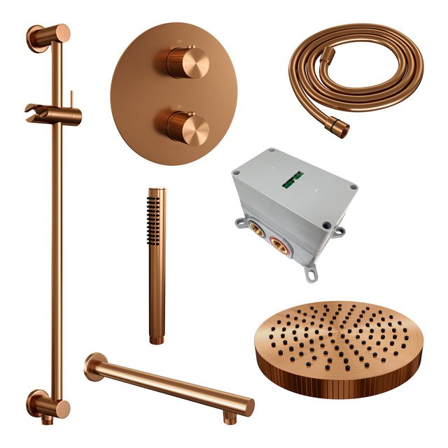 BRAUER Stripe thermostatische inbouw regendouche 3-weg rond SET 43 met 25 cm douchekop en rechte muurarm en staaf handdouche en doucheslang en geïntegreerde glijstang koper geborsteld PVD 5-GK-449