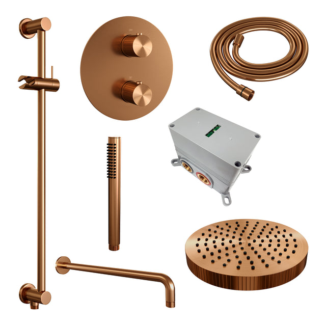 BRAUER Stripe thermostatische inbouw regendouche 3-weg rond SET 44 met 25 cm douchekop en gebogen muurarm en staaf handdouche en doucheslang en geïntegreerde glijstang koper geborsteld PVD 5-GK-451