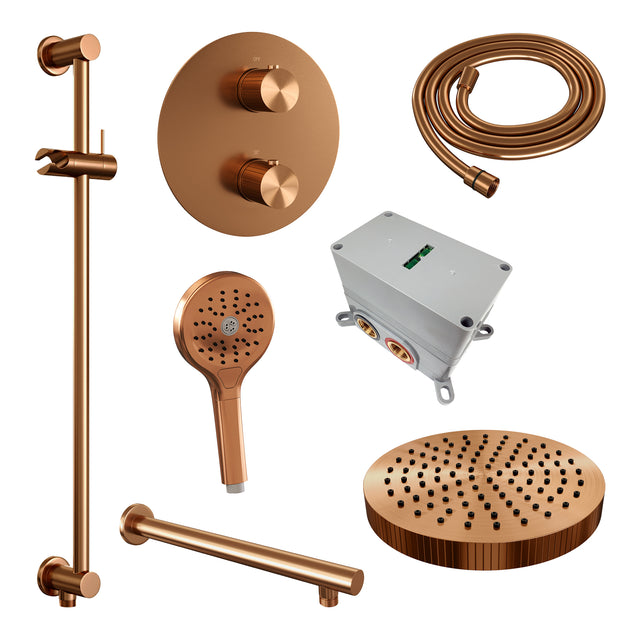 BRAUER Stripe thermostatische inbouw regendouche 3-weg rond SET 46 met 25 cm douchekop en rechte muurarm en 3-standen handdouche en doucheslang en geïntegreerde glijstang koper geborsteld PVD 5-GK-455