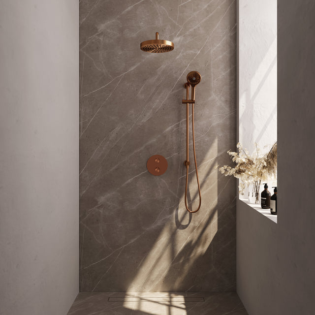 BRAUER Stripe thermostatische inbouw regendouche 3-weg rond SET 47 met 25 cm douchekop en gebogen muurarm en 3-standen handdouche en doucheslang en geïntegreerde glijstang koper geborsteld PVD 5-GK-457