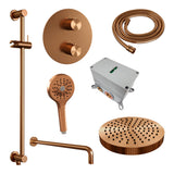 BRAUER Stripe thermostatische inbouw regendouche 3-weg rond SET 47 met 25 cm douchekop en gebogen muurarm en 3-standen handdouche en doucheslang en geïntegreerde glijstang koper geborsteld PVD 5-GK-457