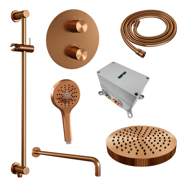 BRAUER Stripe thermostatische inbouw regendouche 3-weg rond SET 47 met 25 cm douchekop en gebogen muurarm en 3-standen handdouche en doucheslang en geïntegreerde glijstang koper geborsteld PVD 5-GK-457