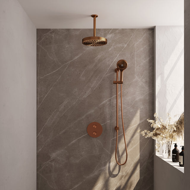 BRAUER Stripe thermostatische inbouw regendouche 3-weg rond SET 48 met 25 cm douchekop en plafondarm en 3-standen handdouche en doucheslang en geïntegreerde glijstang koper geborsteld PVD 5-GK-459