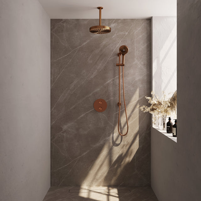BRAUER Stripe thermostatische inbouw regendouche 3-weg rond SET 48 met 25 cm douchekop en plafondarm en 3-standen handdouche en doucheslang en geïntegreerde glijstang koper geborsteld PVD 5-GK-459