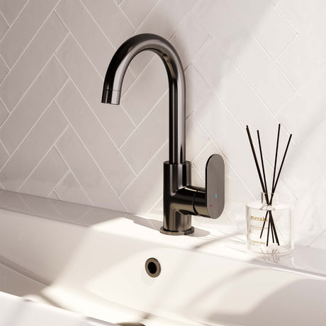 BRAUER Gunmetal Edition hoge opbouw wastafelmengkraan met draaibare ronde uitloop model C gunmetal geborsteld PVD