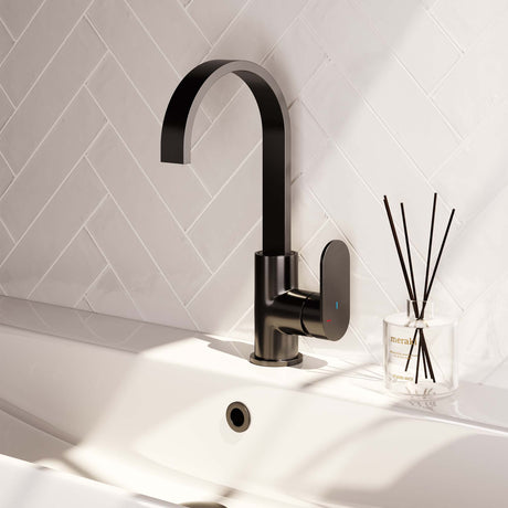 BRAUER Gunmetal Edition hoge opbouw wastafelmengkraan met draaibare platte uitloop model C gunmetal geborsteld PVD