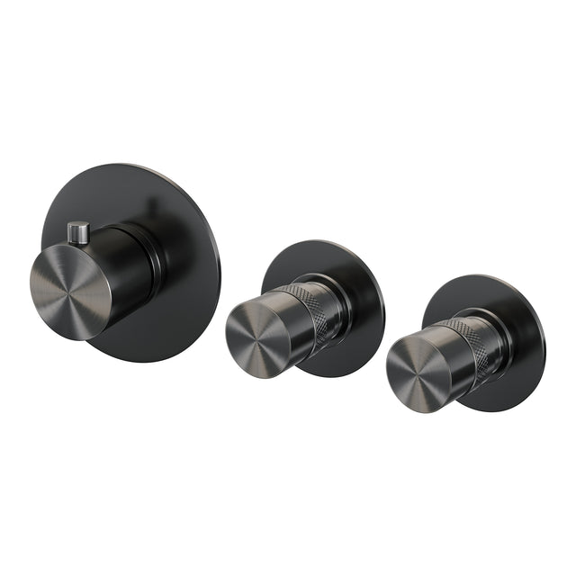 BRAUER Gunmetal Edition thermostatische inbouw badkraan SET 01 met uitloop en staaf handdouche en doucheslang en wandaansluitbocht gunmetal geborsteld PVD