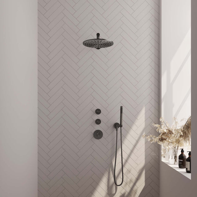 BRAUER Gunmetal Edition thermostatische inbouw regendouche SET 02 met 30 cm douchekop en rechte muurarm en staaf handdouche en doucheslang en wandaansluitbocht gunmetal geborsteld PVD