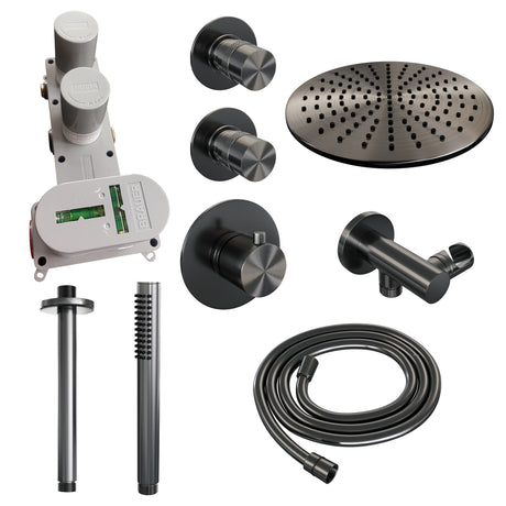 BRAUER Gunmetal Edition thermostatische inbouw regendouche SET 06 met 30 cm douchekop en plafondarm en staaf handdouche en doucheslang en wandaansluitbocht gunmetal geborsteld PVD