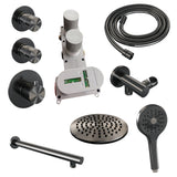 BRAUER Gunmetal Edition thermostatische inbouw regendouche SET 07 met 20 cm douchekop en rechte muurarm en 3-standen handdouche en doucheslang en wandaansluitbocht gunmetal geborsteld PVD