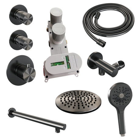 BRAUER Gunmetal Edition thermostatische inbouw regendouche SET 07 met 20 cm douchekop en rechte muurarm en 3-standen handdouche en doucheslang en wandaansluitbocht gunmetal geborsteld PVD