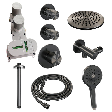 BRAUER Gunmetal Edition thermostatische inbouw regendouche SET 11 met 20 cm douchekop en plafondarm en 3-standen handdouche en doucheslang en wandaansluitbocht gunmetal geborsteld PVD