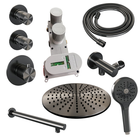 BRAUER Gunmetal Edition thermostatische inbouw regendouche SET 08 met 30 cm douchekop en rechte muurarm en 3-standen handdouche en doucheslang en wandaansluitbocht gunmetal geborsteld PVD