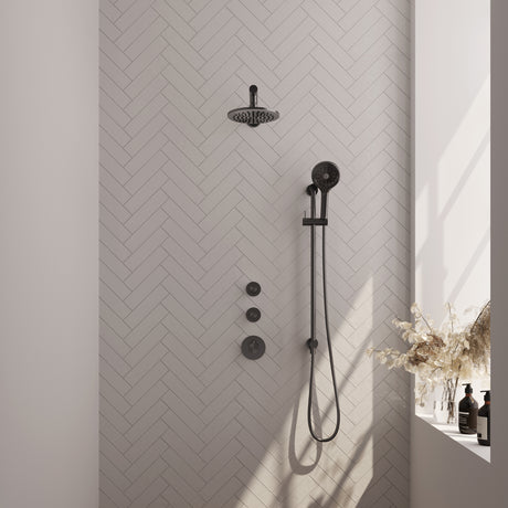 BRAUER Gunmetal Edition thermostatische inbouw regendouche SET 19 met 20 cm douchekop en rechte muurarm en 3-standen handdouche en doucheslang en geïntegreerde glijstang gunmetal geborsteld PVD
