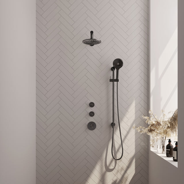 BRAUER Gunmetal Edition thermostatische inbouw regendouche SET 19 met 20 cm douchekop en rechte muurarm en 3-standen handdouche en doucheslang en geïntegreerde glijstang gunmetal geborsteld PVD