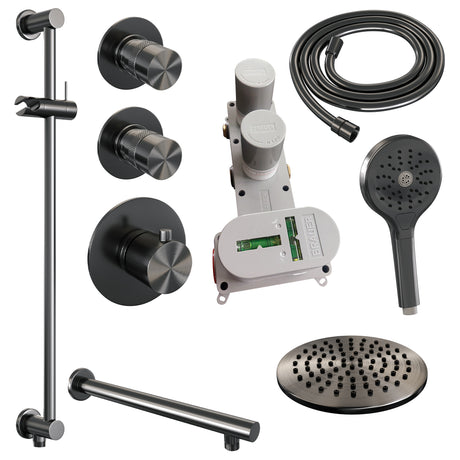 BRAUER Gunmetal Edition thermostatische inbouw regendouche SET 19 met 20 cm douchekop en rechte muurarm en 3-standen handdouche en doucheslang en geïntegreerde glijstang gunmetal geborsteld PVD