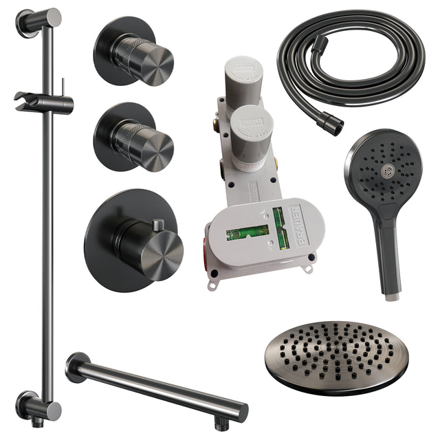 BRAUER Gunmetal Edition thermostatische inbouw regendouche SET 19 met 20 cm douchekop en rechte muurarm en 3-standen handdouche en doucheslang en geïntegreerde glijstang gunmetal geborsteld PVD
