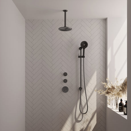 BRAUER Gunmetal Edition thermostatische inbouw regendouche SET 23 met 20 cm douchekop en plafondarm en 3-standen handdouche en doucheslang en geïntegreerde glijstang gunmetal geborsteld PVD