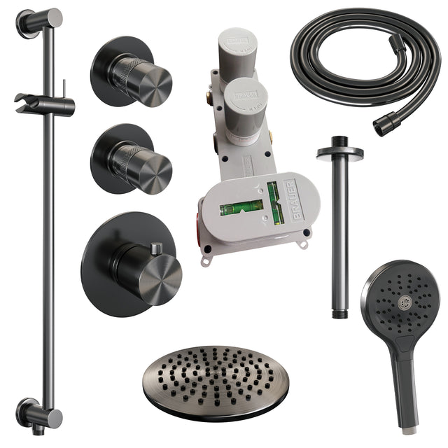 BRAUER Gunmetal Edition thermostatische inbouw regendouche SET 23 met 20 cm douchekop en plafondarm en 3-standen handdouche en doucheslang en geïntegreerde glijstang gunmetal geborsteld PVD