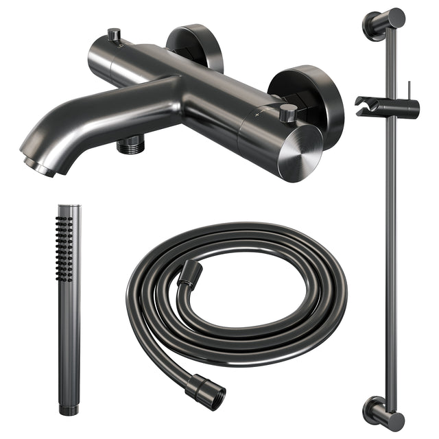 BRAUER Gunmetal Edition opbouw baddouche thermostaatkraan SET 01 met glijstang en staaf handdouche en doucheslang gunmetal geborsteld PVD