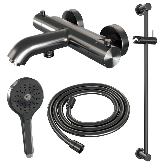 BRAUER Gunmetal Edition opbouw baddouche thermostaatkraan SET 02 met glijstang en 3-standen handdouche en doucheslang gunmetal geborsteld PVD