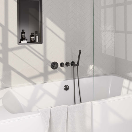 BRAUER Gunmetal Edition thermostatische inbouw badkraan SET 01 met badvulcombinatie en staaf handdouche en doucheslang en wandaansluitbocht gunmetal geborsteld PVD