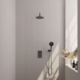 BRAUER Gunmetal Edition thermostatische inbouw regendouche 3-weg omstelling SET 33 met 20 cm douchekop en gebogen muurarm en 3-standen handdouche en doucheslang en wandaansluitbocht gunmetal geborsteld PVD