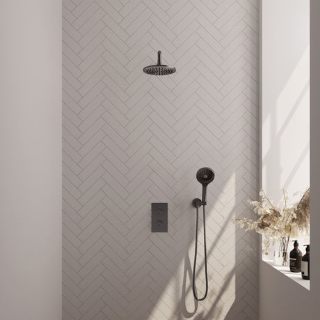 BRAUER Gunmetal Edition thermostatische inbouw regendouche 3-weg omstelling SET 33 met 20 cm douchekop en gebogen muurarm en 3-standen handdouche en doucheslang en wandaansluitbocht gunmetal geborsteld PVD