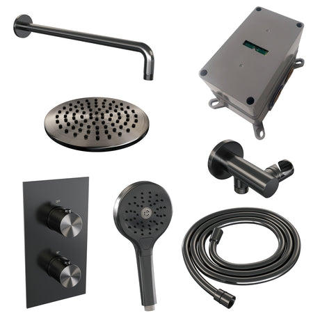 BRAUER Gunmetal Edition thermostatische inbouw regendouche 3-weg omstelling SET 33 met 20 cm douchekop en gebogen muurarm en 3-standen handdouche en doucheslang en wandaansluitbocht gunmetal geborsteld PVD