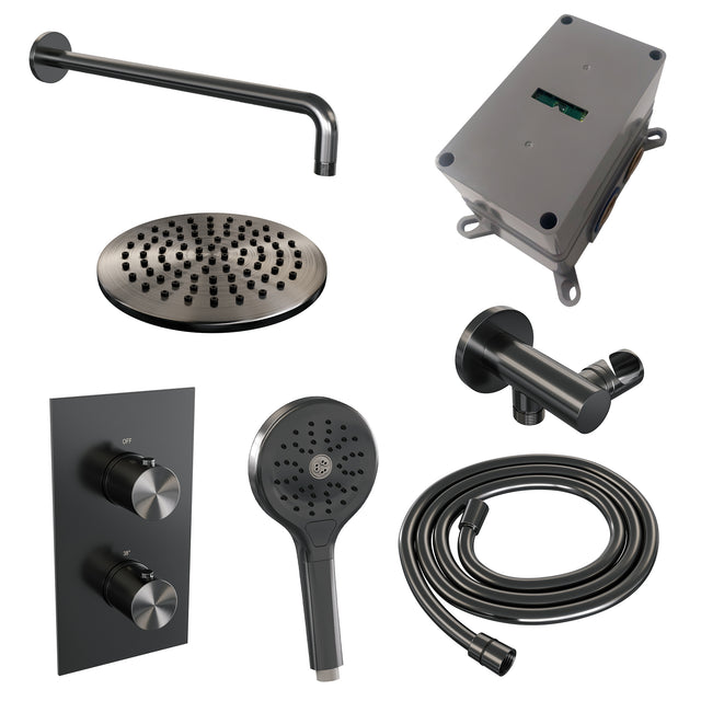 BRAUER Gunmetal Edition thermostatische inbouw regendouche 3-weg omstelling SET 33 met 20 cm douchekop en gebogen muurarm en 3-standen handdouche en doucheslang en wandaansluitbocht gunmetal geborsteld PVD