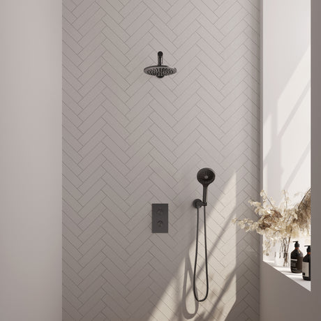 BRAUER Gunmetal Edition thermostatische inbouw regendouche 3-weg omstelling SET 31 met 20 cm douchekop en rechte muurarm en 3-standen handdouche en doucheslang en wandaansluitbocht gunmetal geborsteld PVD