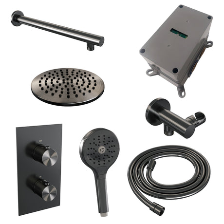 BRAUER Gunmetal Edition thermostatische inbouw regendouche 3-weg omstelling SET 31 met 20 cm douchekop en rechte muurarm en 3-standen handdouche en doucheslang en wandaansluitbocht gunmetal geborsteld PVD