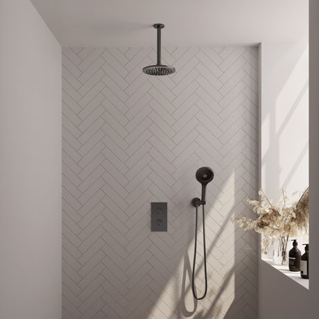 BRAUER Gunmetal Edition thermostatische inbouw regendouche 3-weg omstelling SET 35 met 20 cm douchekop en plafondarm en 3-standen handdouche en doucheslang en wandaansluitbocht gunmetal geborsteld PVD