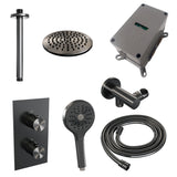 BRAUER Gunmetal Edition thermostatische inbouw regendouche 3-weg omstelling SET 35 met 20 cm douchekop en plafondarm en 3-standen handdouche en doucheslang en wandaansluitbocht gunmetal geborsteld PVD