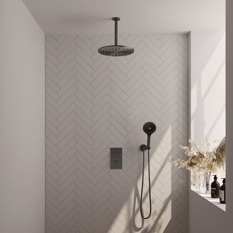 BRAUER Gunmetal Edition thermostatische inbouw regendouche 3-weg omstelling SET 36 met 30 cm douchekop en plafondarm en 3-standen handdouche en doucheslang en wandaansluitbocht gunmetal geborsteld PVD