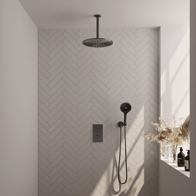 BRAUER Gunmetal Edition thermostatische inbouw regendouche 3-weg omstelling SET 36 met 30 cm douchekop en plafondarm en 3-standen handdouche en doucheslang en wandaansluitbocht gunmetal geborsteld PVD