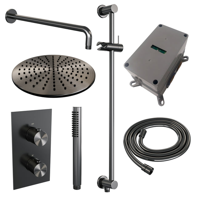 BRAUER Gunmetal Edition thermostatische inbouw regendouche 3-weg omstelling SET 40 met 30 cm douchekop en gebogen muurarm en staaf handdouche en doucheslang en geïntegreerde glijstang gunmetal geborsteld PVD