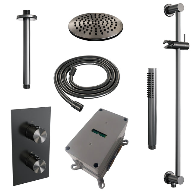 BRAUER Gunmetal Edition thermostatische inbouw regendouche 3-weg omstelling SET 41 met 20 cm douchekop en plafondarm en staaf handdouche en doucheslang en geïntegreerde glijstang gunmetal geborsteld PVD