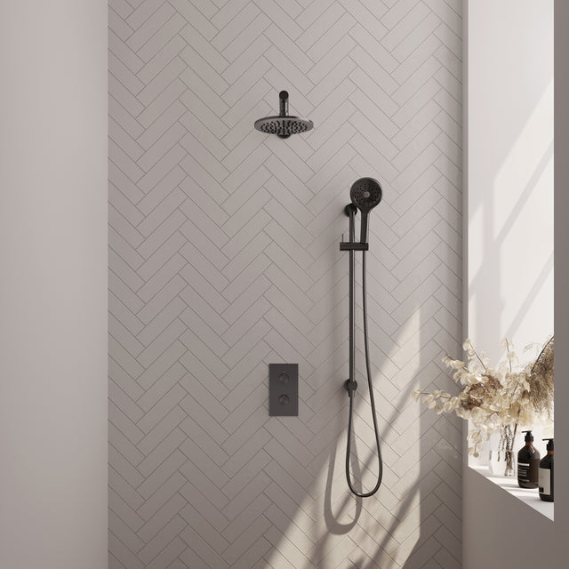 BRAUER Gunmetal Edition thermostatische inbouw regendouche 3-weg omstelling SET 43 met 20 cm douchekop en rechte muurarm en 3-standen handdouche en doucheslang en geïntegreerde glijstang gunmetal geborsteld PVD