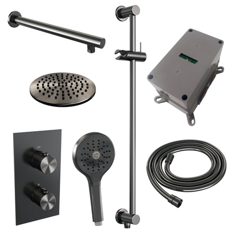 BRAUER Gunmetal Edition thermostatische inbouw regendouche 3-weg omstelling SET 43 met 20 cm douchekop en rechte muurarm en 3-standen handdouche en doucheslang en geïntegreerde glijstang gunmetal geborsteld PVD
