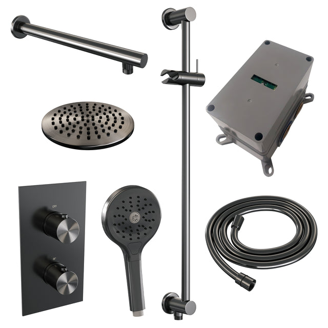 BRAUER Gunmetal Edition thermostatische inbouw regendouche 3-weg omstelling SET 43 met 20 cm douchekop en rechte muurarm en 3-standen handdouche en doucheslang en geïntegreerde glijstang gunmetal geborsteld PVD