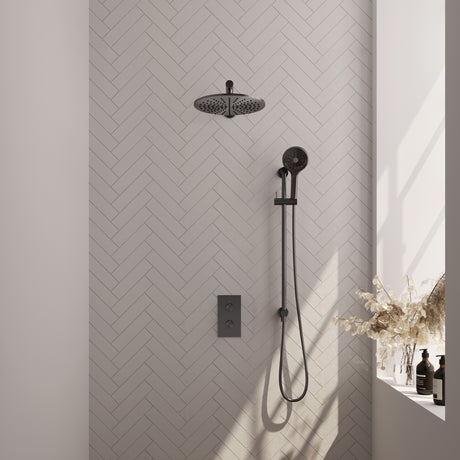BRAUER Gunmetal Edition thermostatische inbouw regendouche 3-weg omstelling SET 44 met 30 cm douchekop en rechte muurarm en 3-standen handdouche en doucheslang en geïntegreerde glijstang gunmetal geborsteld PVD