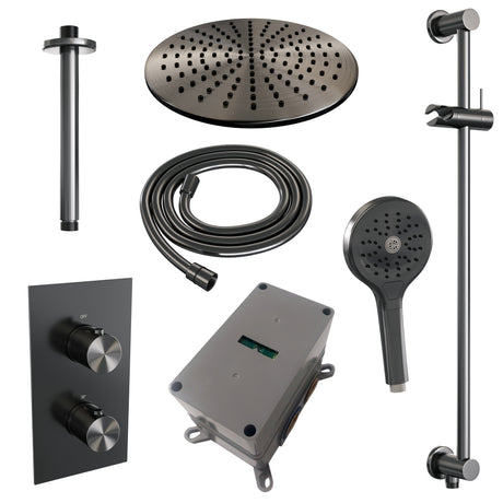 BRAUER Gunmetal Edition thermostatische inbouw regendouche 3-weg omstelling SET 48 met 30 cm douchekop en plafondarm en 3-standen handdouche en doucheslang en geïntegreerde glijstang gunmetal geborsteld PVD