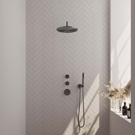 BRAUER Gunmetal Edition thermostatische inbouw regendouche SET 04 met 30 cm douchekop en gebogen muurarm en staaf handdouche en doucheslang en wandaansluitbocht gunmetal geborsteld PVD