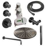 BRAUER Gunmetal Edition thermostatische inbouw regendouche SET 04 met 30 cm douchekop en gebogen muurarm en staaf handdouche en doucheslang en wandaansluitbocht gunmetal geborsteld PVD