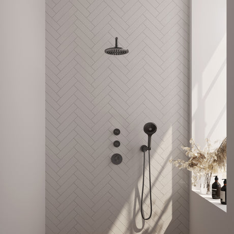 BRAUER Gunmetal Edition thermostatische inbouw regendouche SET 09 met 20 cm douchekop en gebogen muurarm en 3-standen handdouche en doucheslang en wandaansluitbocht gunmetal geborsteld PVD