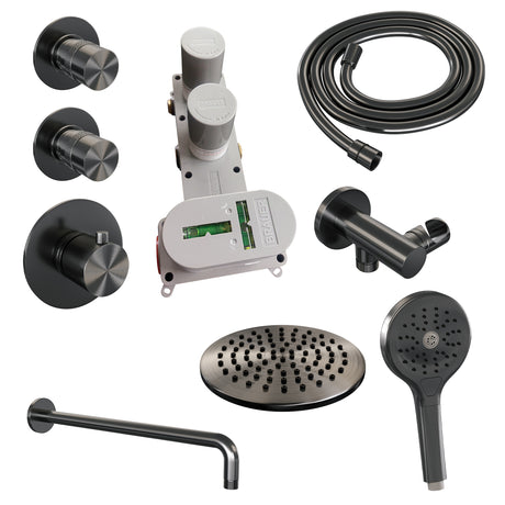 BRAUER Gunmetal Edition thermostatische inbouw regendouche SET 09 met 20 cm douchekop en gebogen muurarm en 3-standen handdouche en doucheslang en wandaansluitbocht gunmetal geborsteld PVD
