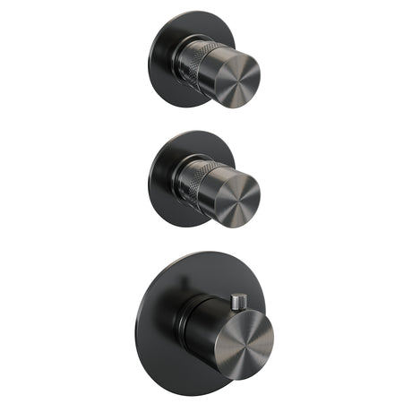 BRAUER Gunmetal Edition thermostatische inbouw regendouche SET 10 met 30 cm douchekop en gebogen muurarm en 3-standen handdouche en doucheslang en wandaansluitbocht gunmetal geborsteld PVD