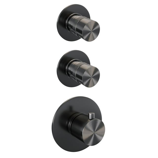 BRAUER Gunmetal Edition thermostatische inbouw regendouche SET 10 met 30 cm douchekop en gebogen muurarm en 3-standen handdouche en doucheslang en wandaansluitbocht gunmetal geborsteld PVD